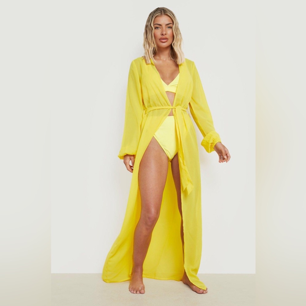 Long Sleeve Tie Front Swimsuit Swim Beach Mesh Maxi Cover Up Dress Bright Yellow